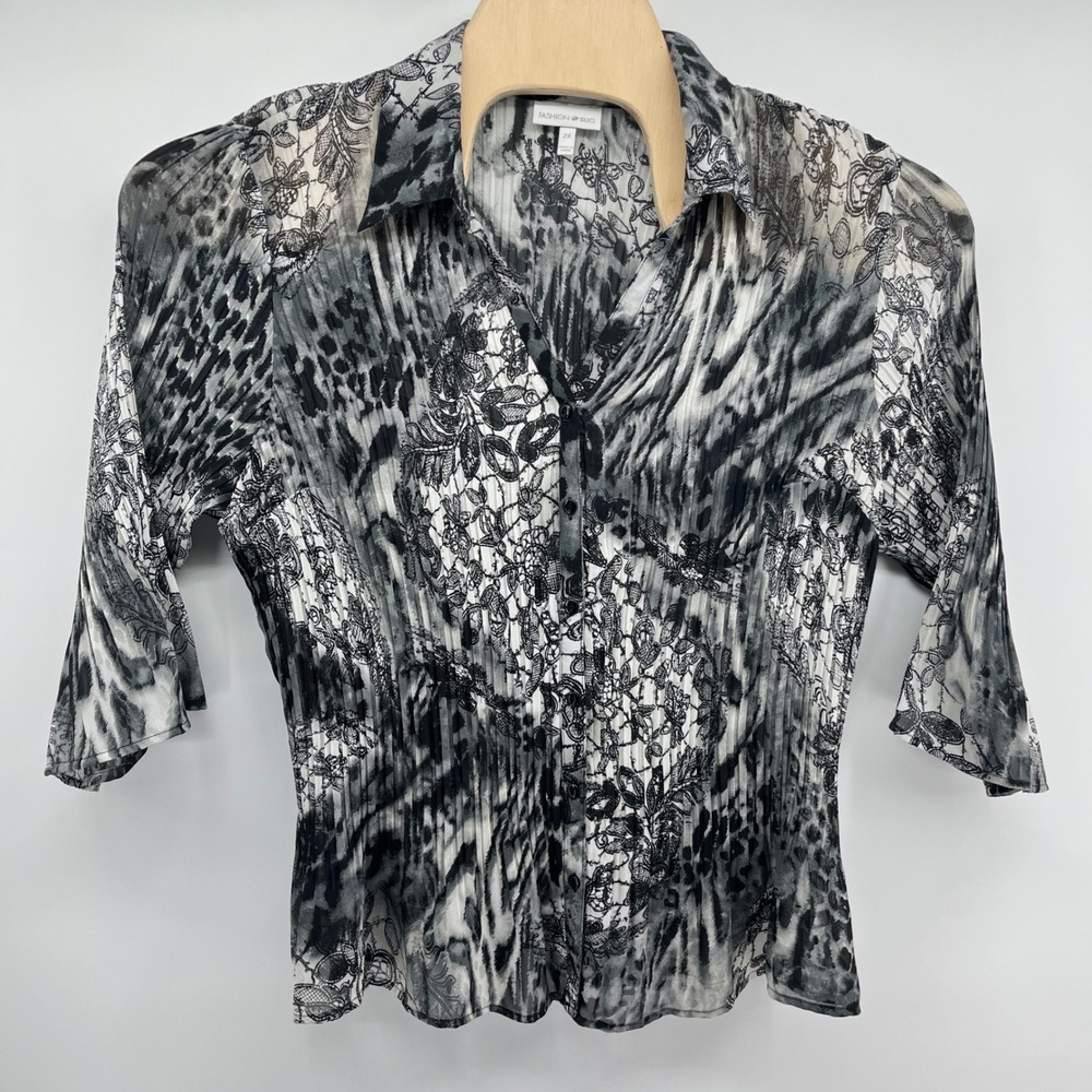 VTG Fashion Bug Women's 2X Sheer Pleated Patchwork Floral Lace Blouse 3/4 Sleeve